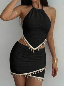 Aloruh Setelan Atasan Wanita Model Halter Neck Camisole dengan Hiasan Kerang dan Rok dengan Hem Asimetris, Pakaian Musim Panas untuk Wanita - Hitam - View 5