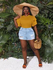 Slaydiva Plus Size Summer Holiday Multilayer Ruffle Sleeve Bodycon Bodysuit Bodysuits For Women Pluswhite Bodysuitplus Size Bodysuit - Mustard Yellow - View 6