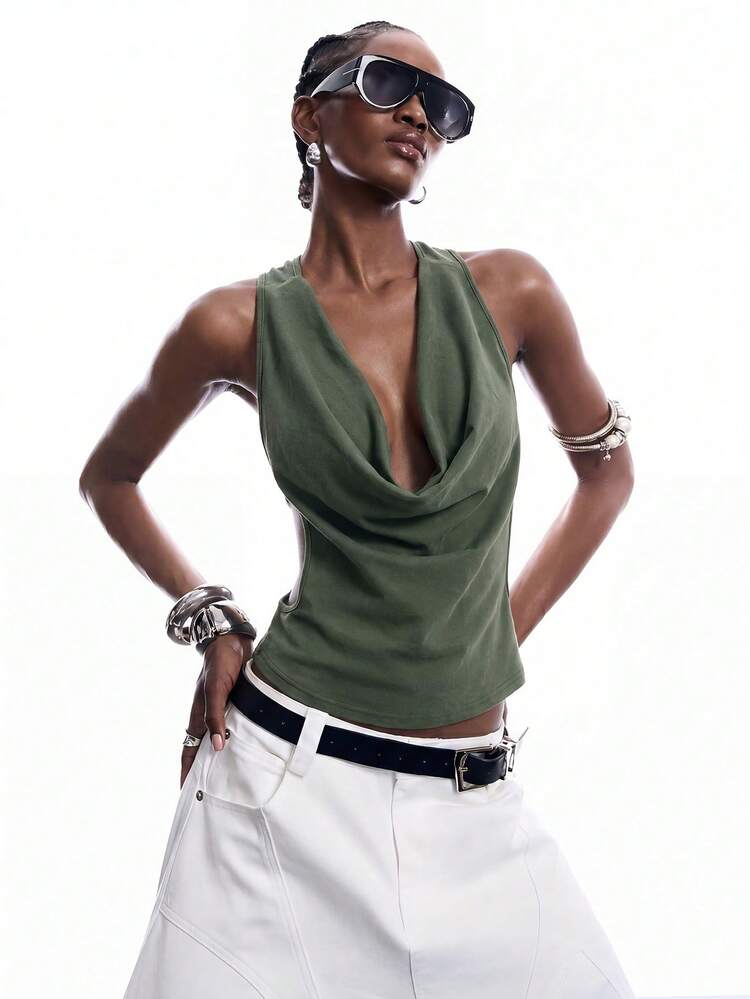 LYSMO 2026 New Minimalist Sexy Solid Color Draped Collar Backless