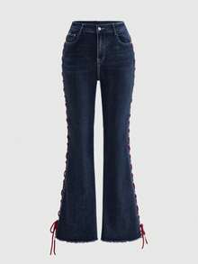 ROMWE Plus Size Gothic Heart Brodery Fickdesign Dragsko Utsvängda Jeans - Blå - Visa 5