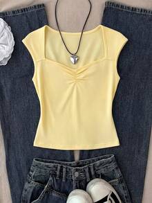 SHEIN Áo thun ngắn tay ôm sát màu xanh navy cho bé gái tuổi teen, chấm bi đen trắng, xếp ly, phong cách ngọt ngào thường ngày, phù hợp cho kỳ nghỉ hè, đi học, dã ngoại gia đình, mặc hàng ngày. - Màu vàng - Xem 5