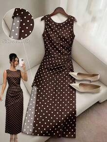 SHEIN Raffinéa French Retro Brown And White Polka Dot Sleeveless Midi Dress, Waist Ruched Design, Elegant Slimming Tea Party Summer - Brown - View 3