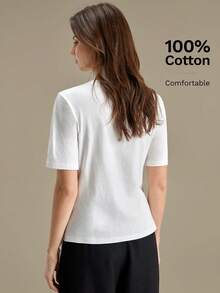 Ontre Women's Comfortable White Summer Basic T-Shirt, Asymmetric Design Waist Pleated Round Neck Short Sleeve Office Wear Golf Occasion Business Top - White - View 4