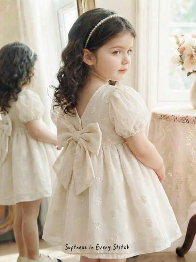 SHEIN Young Girl Solid Color Comfortable Round Neck Petal Sleeve Cinched Waist Dress
