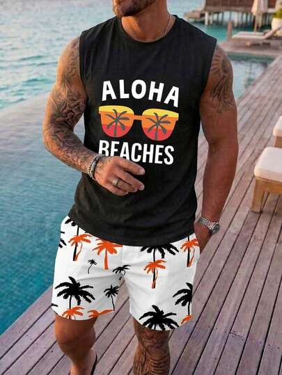 VIVINTIMO Standard Size Men's Fitted Tank Top Set, Fashion Glasses, Letter Print Tank Top, Palm Tree Print Shorts, Suitable For Summer Outdoor Wear