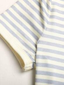 SHEIN Teen Girls Striped Knit Co-Ord Set, Crew Neck Short Sleeve Fitted T-Shirt And Casual Matching Pants, Versatile All-Match Outfit - Yellow - View 3