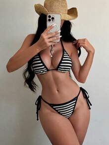 Swim SXY 女款黑白紋理布料掛脖性感比基尼套裝，夏季海灘度假泳衣 - 黑與白 - 查看 8
