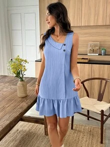 Louniche Đầm ngắn dáng chữ A cho nữ, cổ bất đối xứng, cài cúc, chất liệu vải có họa tiết, viền bèo nhún, thích hợp cho mùa hè hoặc đi nghỉ mát. - Màu xanh nhạt - Xem 4