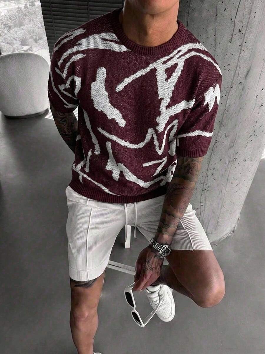 Manfinity LEGND 男士简约休闲线条图案圆领短袖针织上衣 - 酒紅色 - 查看 1