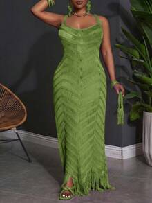 Slaydiva Plus Size Summer Sleeveless Hollow-Out Sheer Dress Party Night Olive Green 70's Sexy - Green - View 3