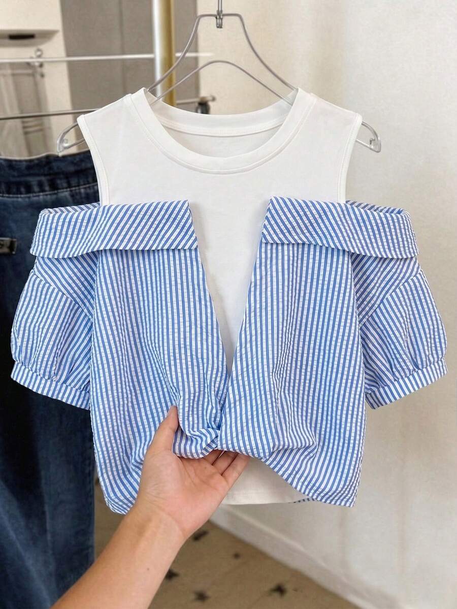 Áo sơ mi ngắn tay kẻ sọc dáng casual dành cho bé gái tuổi teen - Màu xanh lam - Xem 1