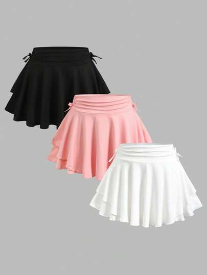 SHEIN Bộ 3 món gồm váy và quần dài dệt kim màu trơn dành cho thiếu nữ, trang phục thể thao thường ngày.