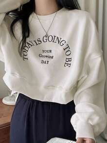 DAZY Embroidery Letter Pattern Drop Shoulder Oversized Pullover,Long Sleeve Tops Sweatshirt - White - View 3