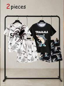 1 Set Pijama de Moda Casual Minimalista para Adolescentes Varones con Estampado de Araña y Letras, Cuello Redondo, Manga Corta y Pantalón Corto de Tela Elástica - Negro - Ver 4