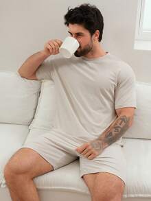 DAZY Men's Solid Color T-Shirt And Loungewear Set, Summer - Apricot - View 5