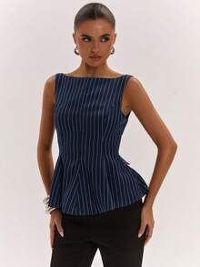 SHEIN BAE Women's Striped Print Backless Elegant Tank Top For Summer, Festival Fall - Navy Blue - View 5