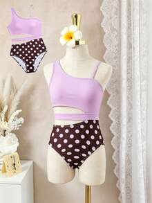 SHEIN Áo croptop dệt kim dễ thương cho bé gái tuổi teen, màu trơn, thiết kế vai và eo khoét không đều, áo tắm liền thân in chấm bi, phong cách thời trang thanh lịch kiểu Âu Mỹ, thích hợp cho bơi lội, mùa hè, bãi biển, kỳ nghỉ. - Màu tím - Xem 1