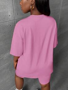Slaydiva Women's Solid Color Round Neck Simple T-Shirt And Casual Skinny Shorts Set, Suitable For Home And Office - Baby Pink - View 2