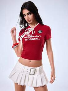 Y2Kool Pretty Bratty Red And White Contrast Racing Slogan Cheongsam Top, Oriental Elements F1 Racing Y2K Street Wear Y2k Biker Chic Casual Street Crop Top, Spring/Summer - Red - View 4