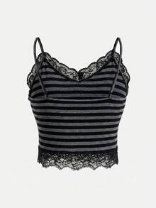 Y2Kool Robin Black And White Stripe Contrast Stripe Lace Patchwork Skull Bee Foil Print Y2K Punk Goth Casual Street Style Cropped Camisole Tank Top Summer - Dark Grey - View 4