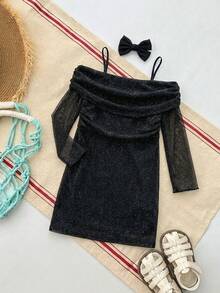 DAZY Young Girl Mesh & Glitter One-Shoulder Wrap Dress, Fall Outfit - Black - View 4