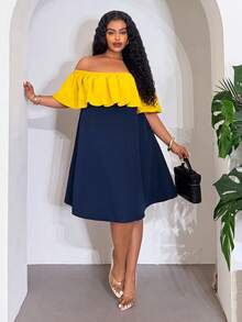 Slaydiva Elegant Summer Brown Color Block Off Shoulder Ruffle Hem A Line Mini Dress For Women,Smart Casual Everyday Gym Outfit Streetwear - Blue - View 1