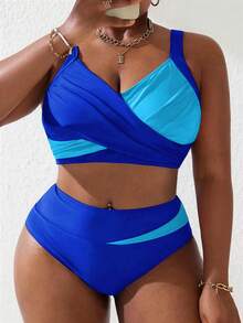 Slaydiva Plus Size Women 2pcs Baby Blue Splice Ruched Tankini Swimwear Set, Summer Beach Holiday - Multicolor - View 1