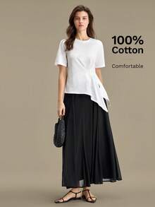 Ontre Women's Comfortable White Summer Basic T-Shirt, Asymmetric Design Waist Pleated Round Neck Short Sleeve Office Wear Golf Occasion Business Top - White - View 6