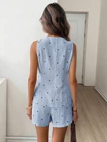 Easowa Bộ đồ 2 mảnh dành cho nữ: Áo vest cổ chữ V, thắt eo, vạt bất đối xứng và quần short Bermuda cạp chun, chất liệu vải lanh in họa tiết chấm bi sọc cổ điển, phong cách thường ngày thoải mái, thanh lịch, phù hợp cho công sở, nghỉ dưỡng, mùa xuân/hè. - Màu xanh nhạt - Xem 7