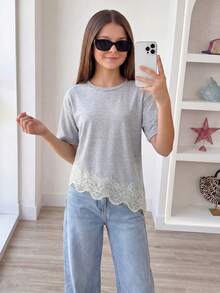 Elladie kids 少女时尚百搭蕾丝拼接不对称下摆圆领短袖T恤 - 灰色 - 查看 5