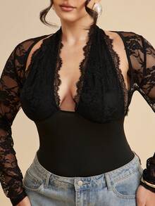 SHEIN BAE CURVE 大尺碼女款黑色蕾絲拼接透視長袖連身內衣，優雅女款深V領有袖內衣 - 黑色 - 查看 4