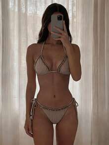 Swim Mod Women's Striped Nautical Style Patchwork Frill Trim Tie-Up Bikini Set - Brown - View 8