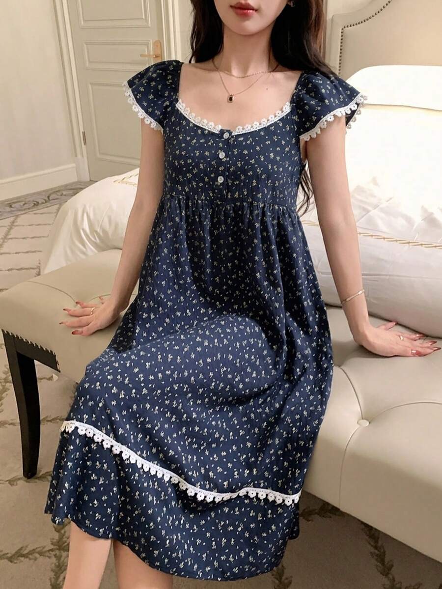 DAZY Camisón sin mangas con patchwork de encaje floral y cintura ceñida, vestido de estar en casa para mujer, pijama de verano - Azul - Ver 1