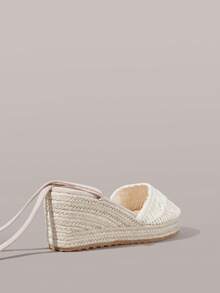 Styleloop Giày nữ, màu be, giày rơm đan bằng dây gai dầu, quai ngang mắt cá chân, sandal đế xuồng, giày bohemian giúp tăng chiều cao cho kỳ nghỉ. - Màu be - Xem 3