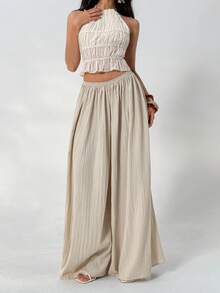 SHEIN Tall CURVE CURVE 大尺碼女款高個女孩米色秋季波希米亞風傳統希臘女神休閒優雅度假假日紋理寬鬆闊腿褲 - 杏色 - 查看 9