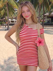 SHEIN 少女休闲条纹提花露肩针织连衣裙 - 紅白色 - 查看 7