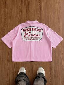 NORVETH Men's Striped Print Button-Front Casual Short Sleeve Shirt - Pink - View 3