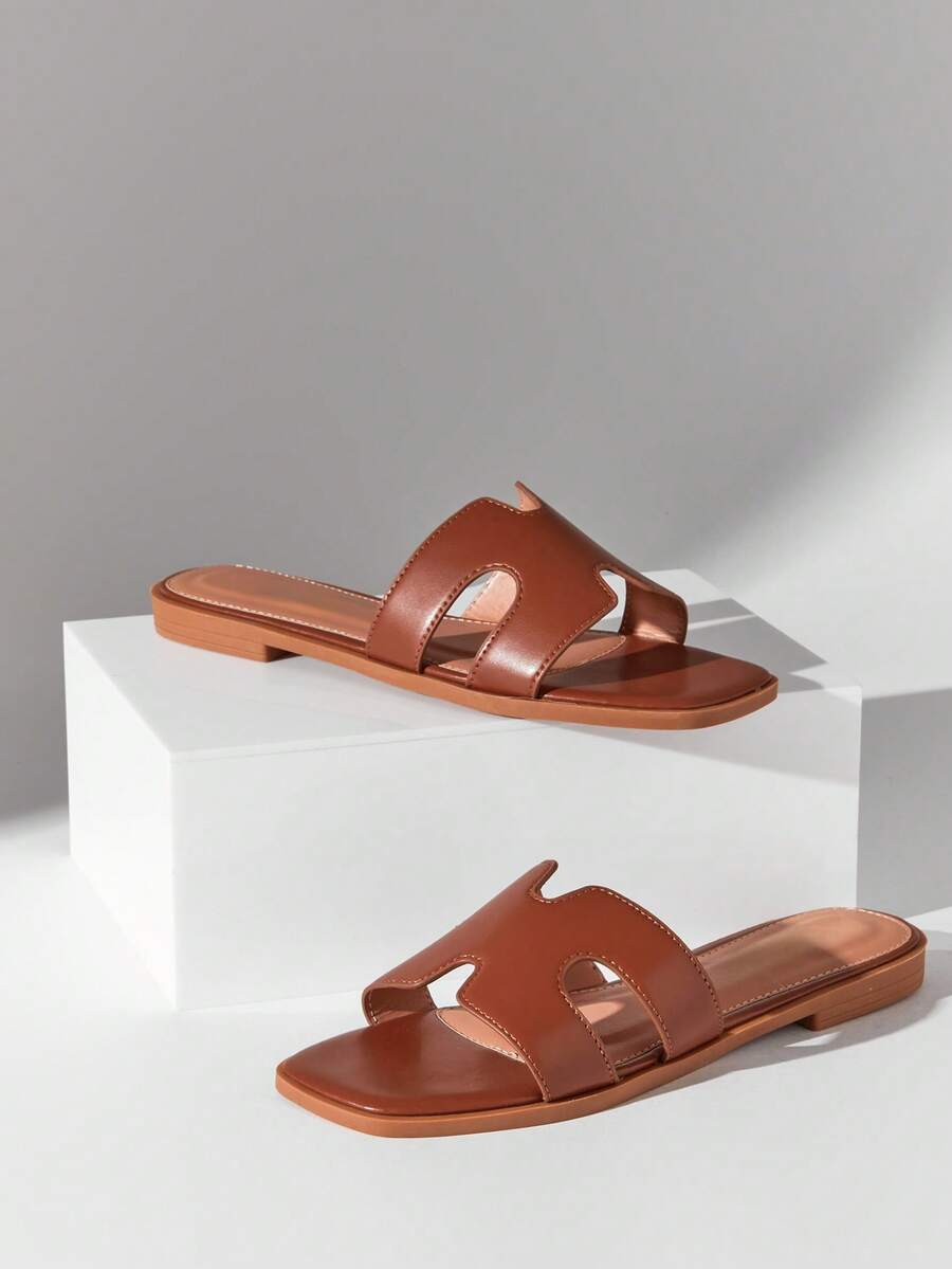 SHUZIA Giày sandal đế bằng đơn giản, màu trơn, khoét eo dành cho nữ, thích hợp cho kỳ nghỉ hè, mùa xuân, kỳ nghỉ lễ Phục sinh, giày casual, giày đi biển, quà tặng Ngày của Mẹ, Giáng sinh, Ngày Valentine. - màu nâu - Xem 1