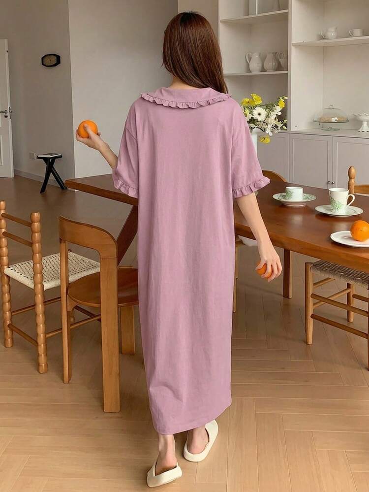 Loose Fit Peter Pan Collar Short Sleeve Dress, Summer Sleepwear Dress For Women