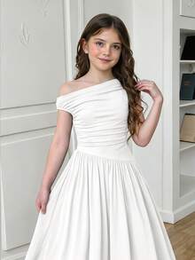 Girlism Tween Girls' White Knit Ruched Waist A-Line Long Dress, Elegant Versatile Simple White Dress - White - View 3