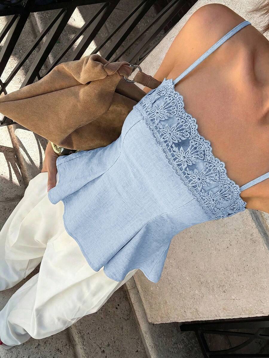 Siren Gaze Women's Solid Color Contrast Lace Camisole,Summer Top - Baby Blue - View 1