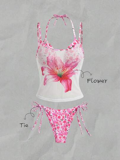 Elavelle Women's Random Print Halter Neck Bikini Set, Spring/Summer
