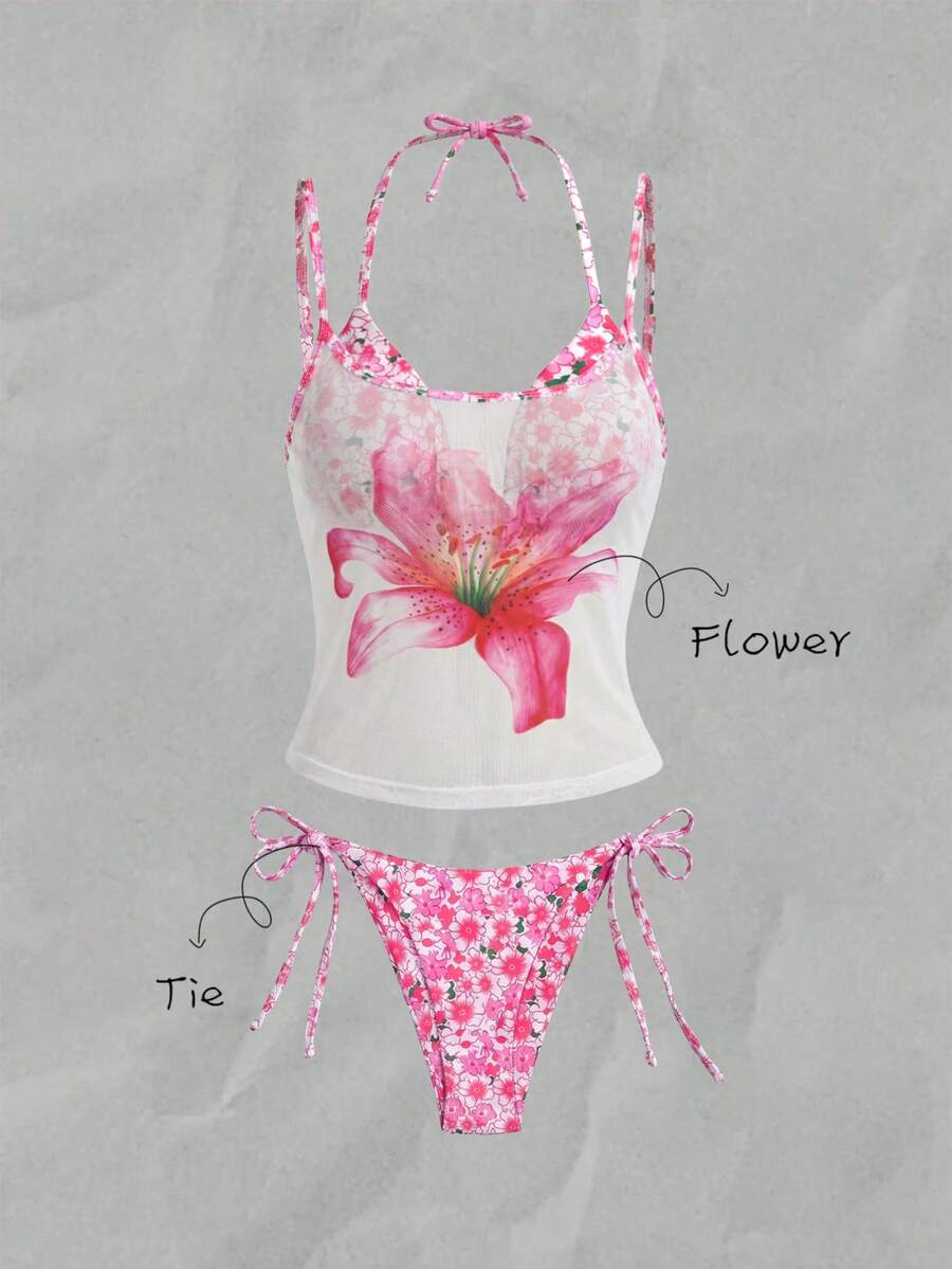 Elavelle Women's Random Print Halter Neck Bikini Set, Spring/Summer - Multicolor - View 1