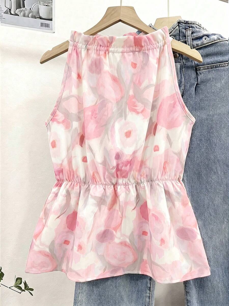 Franclia Women's Romantic Elegant Floral Print Tie-Front Ruffle Hem Fashionable Top Brunch Vacation White Floral Summer - Pink - View 1