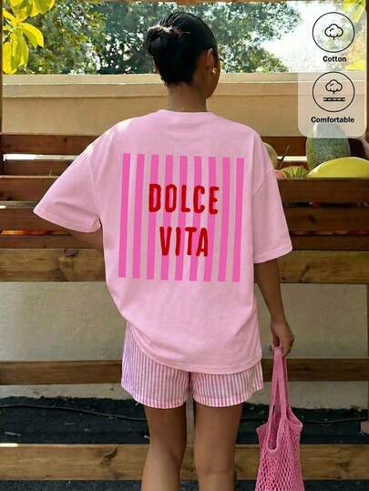 Muchica Nouveau t-shirt d'été rose à rayures avec slogan surdimensionné, t-shirt ample à col rond à motif minimaliste décontracté, manches courtes, convient pour les déplacements quotidiens, les sorties, les rassemblements, l'automne/l'hiver/l'été, Noël, le Nouvel An, Thanksgiving, les fêtes, les mariages, la plage, les remises de diplômes, la mode, l'élégance, le décontracté, les sorties, les rendez-vous, les trajets, le brillant, la Saint-Valentin, les vacances, le style Y2K et d'autres occasions.