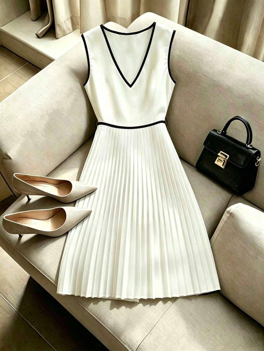 SHEIN Franclia Đầm ngắn dáng chữ A không tay cổ chữ V, thắt eo, kiểu dáng đơn giản Pháp, xếp ly. - trắng - Xem 1