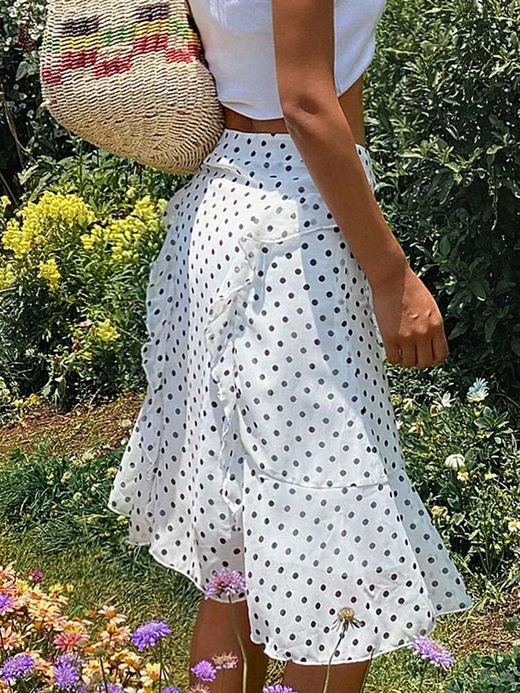 Polka Dot Ruffle Hem Casual Vacation Summer Women Skirt