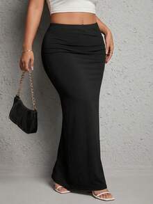 SHEIN PETITE CURVE Váy nữ cỡ lớn màu trơn thiết kế xẻ tà, kiểu dáng thường ngày, đa năng, thích hợp cho buổi hẹn hò. - màu đen - Xem 5