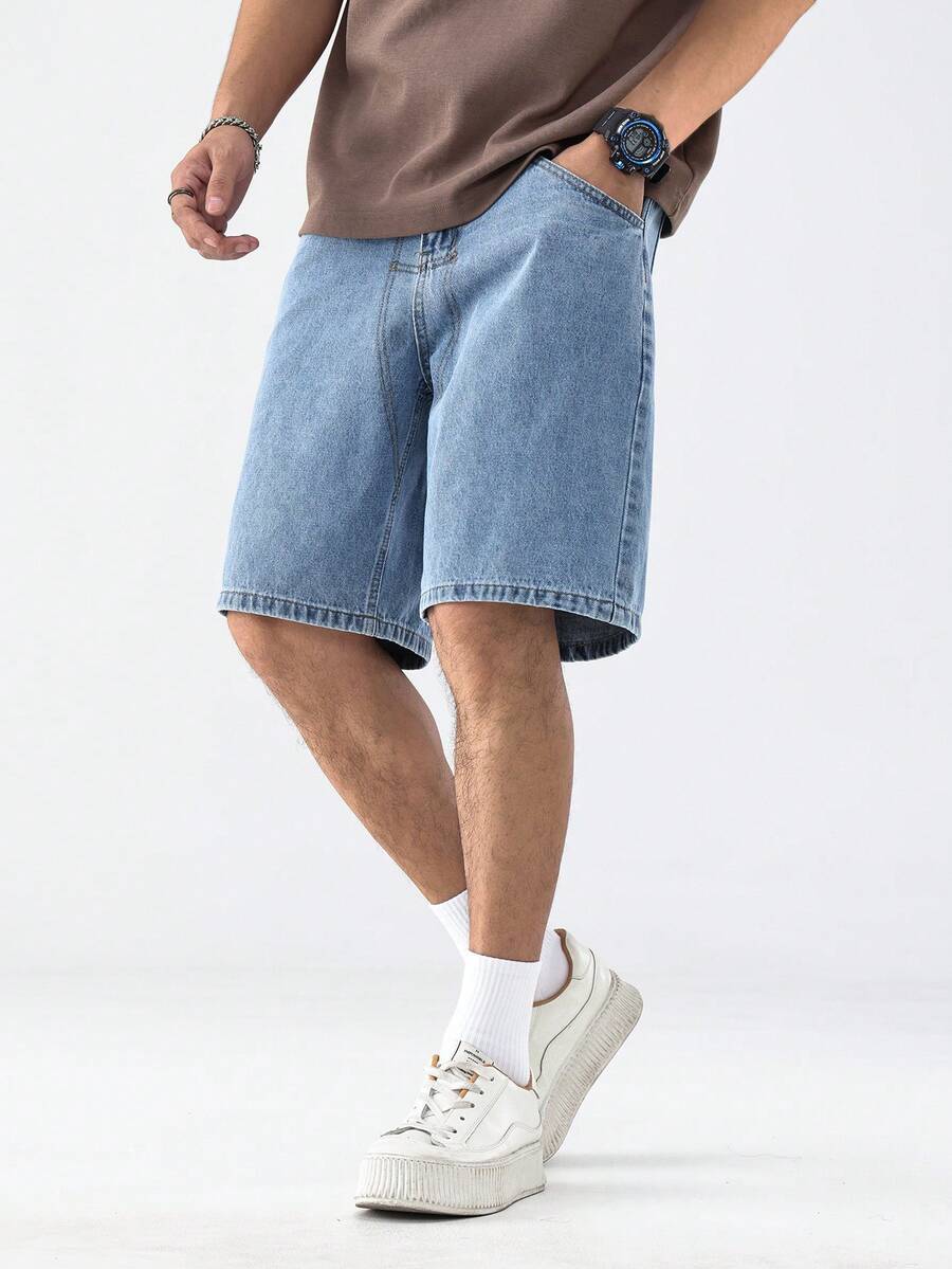 Chillumni Quần short denim nam màu xanh nhạt, dáng rộng, thích hợp mặc mùa hè. - Rửa trung bình - Xem 1