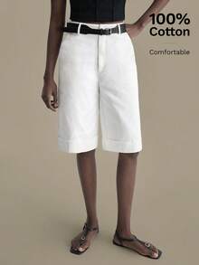 Ontre Calça reta de perna alta em bege confortável e macia de tecido lavado para mulheres, com bolsos laterais, incluindo um elegante cinto preto, adequada para uso em negócios, casual, escritório, transporte urbano, aeroporto de alta qualidade, cruzeiro de luxo minimalista, shorts versáteis essenciais para as quatro estações - Branco - Visão 4